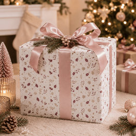 バーガンディーホリーとゴールドのクリスマス包装紙 ラッピングペーパー
