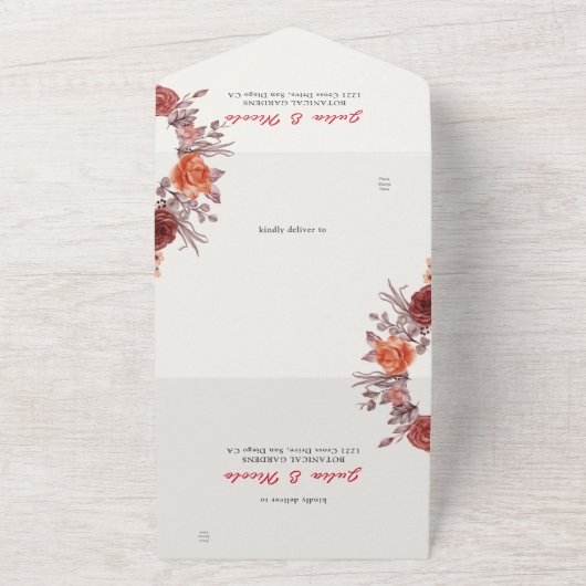 バーガンディーボホローズフラワーパンパスグラスウェディング オールインワン招待状 (外側)