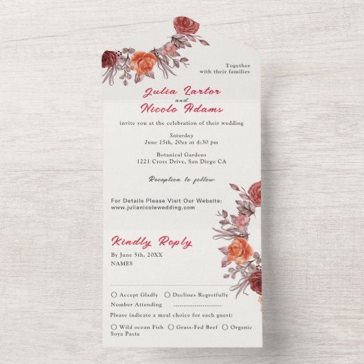 バーガンディーボホローズフラワーパンパスグラスウェディング オールインワン招待状 (内側)