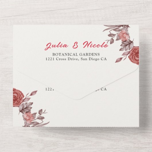 バーガンディーボホローズフラワーパンパスグラスウェディング オールインワン招待状 (裏面)