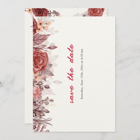 バーガンディーボホローズフラワーパンパスグラスウェディング セーブザデート (正面/裏面)