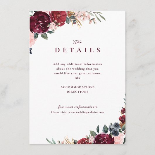 バーガンディーボーホー花のラスティックウェディングの詳細 エンクロージャーカード (正面)