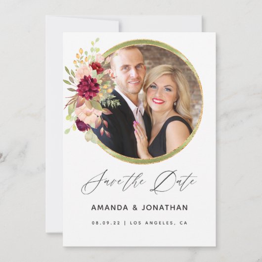 バーガンディーマルサラとブッシュのジオメトリック・セーブ・ザ・デート セーブザデート (正面)