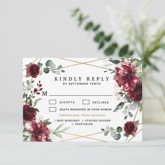 バーガンディーミール選択赤面金ゴールド緑結婚園 出欠カード (スタンド正面)