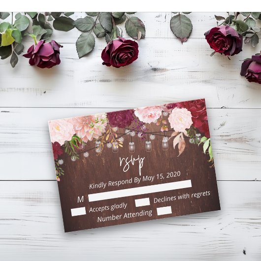 バーガンディーメイソンジャールウッドバジェットライトフラワーRSVP ノートカード