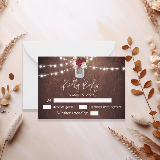 バーガンディーメイソンジャールウッドバジェットライトフラワーRSVP ノートカード