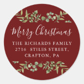 バーガンディーメリークリスマスグリーン差出人住所 ラウンドシール (正面)