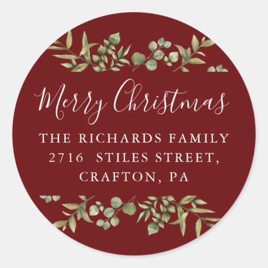 バーガンディーメリークリスマスグリーン差出人住所 ラウンドシール (正面)