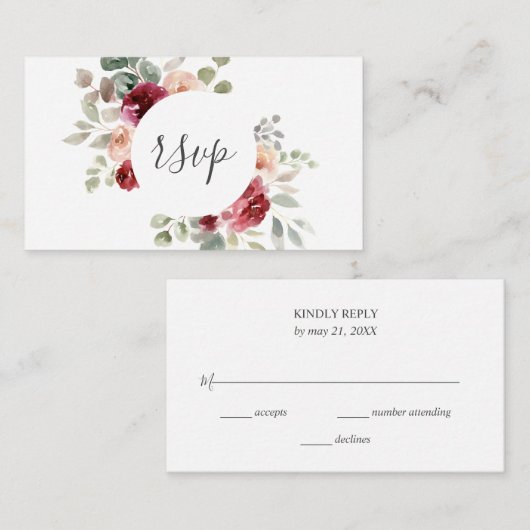 バーガンディーライトピンクの花緑の結婚式RSVP エンクロージャーカード (正面/裏面)