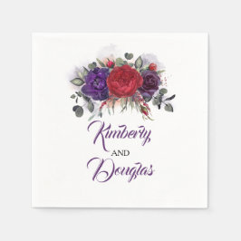 バーガンディーレッドとナス紫のフローラ結婚ズ スタンダードカクテルナプキン