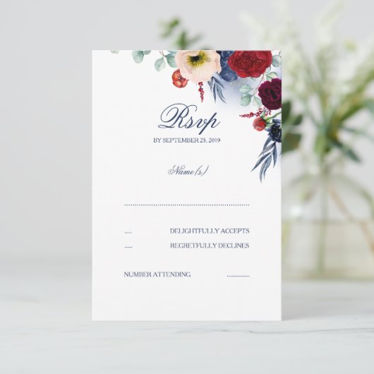 バーガンディーレッドとネイビーブルーフローラウェディングRSVP 出欠カード (スタンド正面)