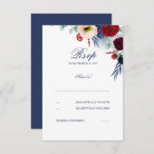 バーガンディーレッドとネイビーブルーフローラウェディングRSVP 出欠カード (正面/裏面)