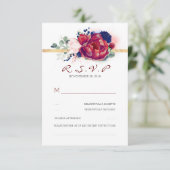 バーガンディーレッドとネイビーブルーフローラウェディングRSVP 出欠カード (スタンド正面)
