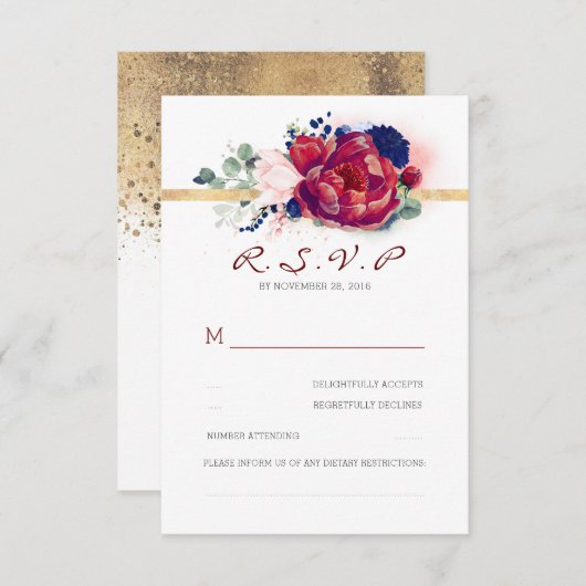 バーガンディーレッドとネイビーブルーフローラウェディングRSVP 出欠カード (正面/裏面)