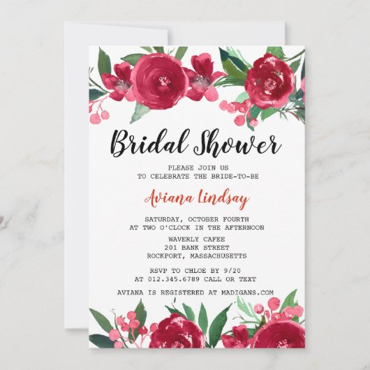 バーガンディーレッドとピンクかわいらしフローラブライダルシャワー 招待状 (正面)