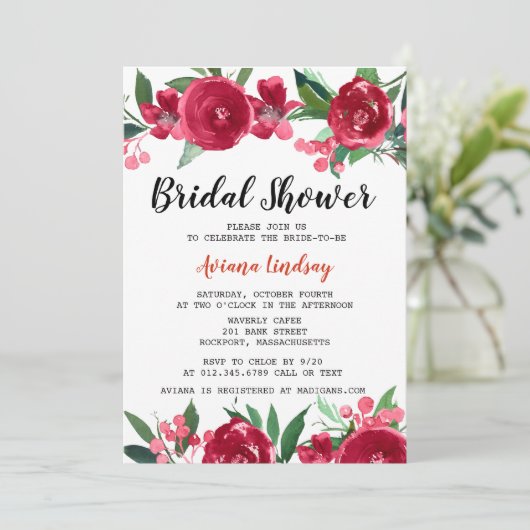 バーガンディーレッドとピンクかわいらしフローラブライダルシャワー 招待状 (スタンド正面)