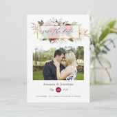 バーガンディーレッドとホワイトの花柄幾何学ウェディング セーブザデート (スタンド正面)