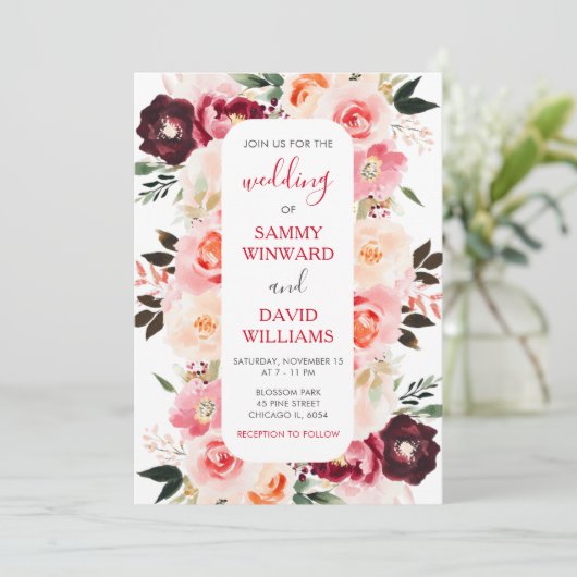 バーガンディーレッドと赤面ピンク結婚フローラ 招待状 (スタンド正面)