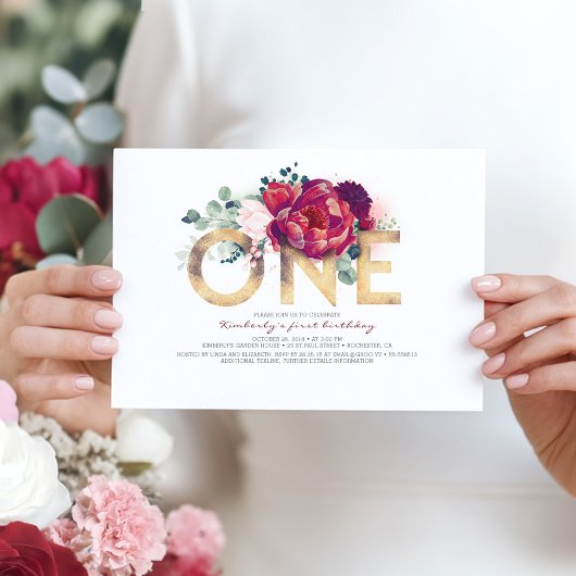 バーガンディーレッドと金ゴールドフローラ1st誕生日 招待状