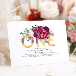 バーガンディーレッドと金ゴールドフローラ1st誕生日 招待状