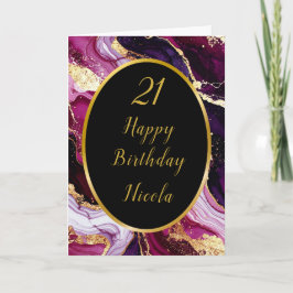 バーガンディーレッドと金ゴールドマーブルアゲート誕生日パーティー カード