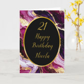 バーガンディーレッドと金ゴールドマーブルアゲート誕生日パーティー カード (黄色い花)