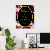 バーガンディーレッドと金ゴールドマーブルアゲート誕生日パーティー ポスター (ホームオフィス)