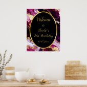 バーガンディーレッドと金ゴールドマーブルアゲート誕生日パーティー ポスター (キッチン)