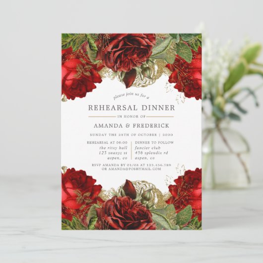 バーガンディーレッドと金ゴールドヴィンテージリハーサルディナー 招待状 (スタンド正面)