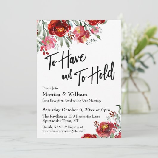 バーガンディーレッドの花をあしらった「To Have and to Hold」 招待状 (スタンド正面)
