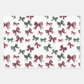 バーガンディーレッドグリーンクリスマス弓 ラッピングペーパーシート (正面)