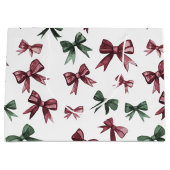 バーガンディーレッドグリーンクリスマス弓 ラージペーパーバッグ (正面)