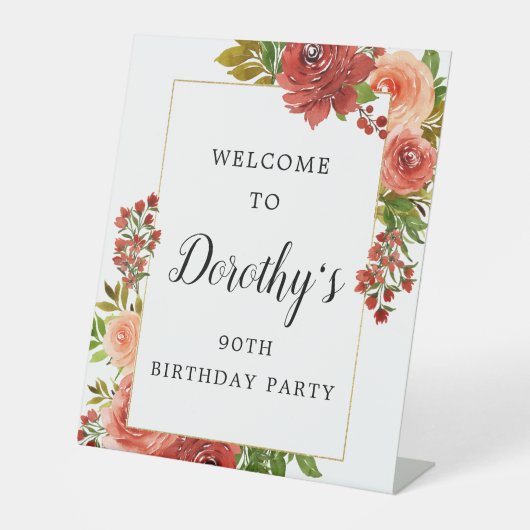 バーガンディーレッドコーラルピンクローズ90誕生日 台座サイン (正面)