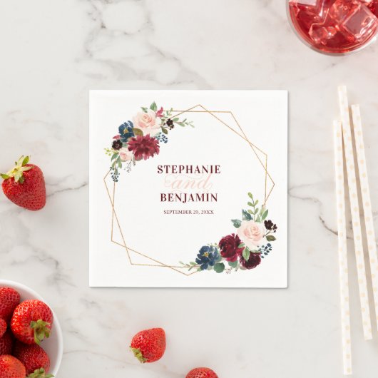 バーガンディーレッドネイビーフローラ幾何学紙ナプキン スタンダードカクテルナプキン (インサイチュ)