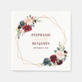 バーガンディーレッドネイビーフローラ幾何学紙ナプキン スタンダードカクテルナプキン (正面)