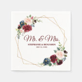 バーガンディーレッドネイビーフローラ幾何学紙ナプキン スタンダードカクテルナプキン (正面)