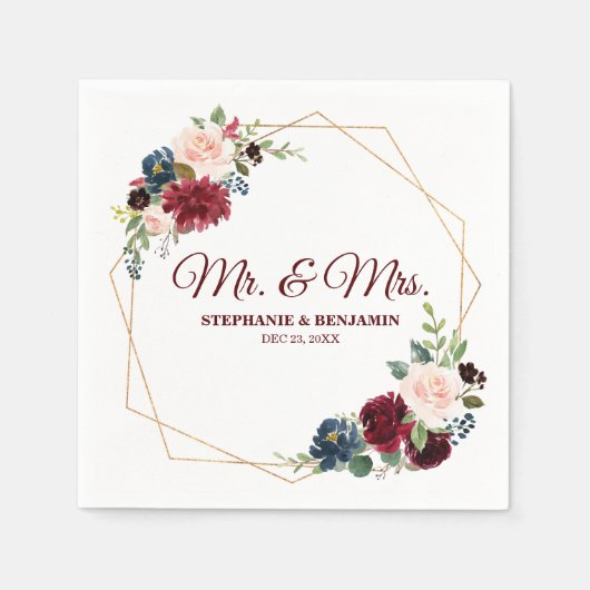 バーガンディーレッドネイビーフローラ幾何学紙ナプキン スタンダードカクテルナプキン (正面)