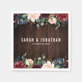 バーガンディーレッドネイビーフローラ木製紙ナプキン スタンダードカクテルナプキン (正面)