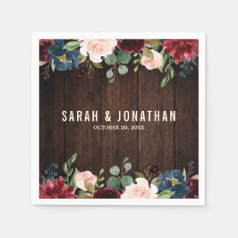 バーガンディーレッドネイビーフローラ木製紙ナプキン スタンダードカクテルナプキン