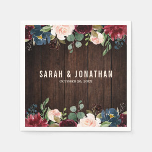 バーガンディーレッドネイビーフローラ木製紙ナプキン スタンダードカクテルナプキン