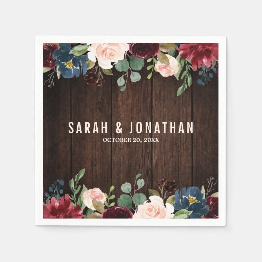 バーガンディーレッドネイビーフローラ木製紙ナプキン スタンダードカクテルナプキン (正面)