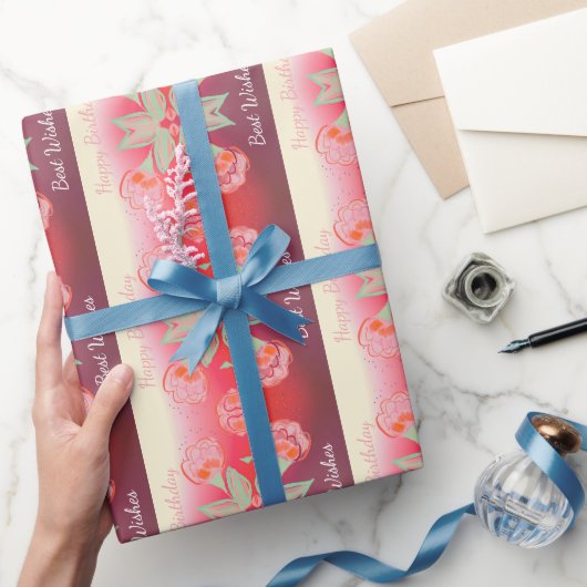 バーガンディーレッドピンクとオレンジ色のフローラ ラッピングペーパー (ギフト)