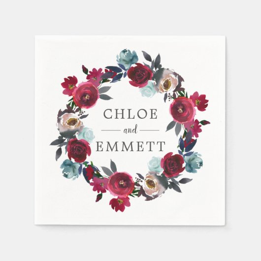 バーガンディーレッドピンクフローラカスタムウェディング スタンダードカクテルナプキン (正面)