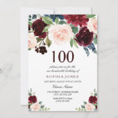 バーガンディーレッドピンクフローラ100th誕生日パーティー 招待状 (正面)