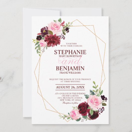 バーガンディーレッドピンクモダンフローラ幾何結婚図形 招待状 (正面)