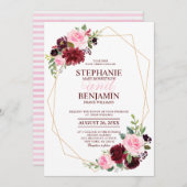 バーガンディーレッドピンクモダンフローラ幾何結婚図形 招待状 (正面/裏面)