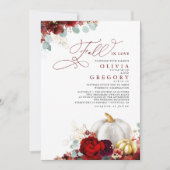バーガンディーレッドフラワーズカボチャ金ゴールド秋の結婚式イン 招待状 (正面)