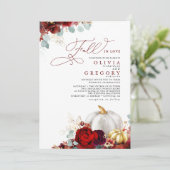 バーガンディーレッドフラワーズカボチャ金ゴールド秋の結婚式イン 招待状 (スタンド正面)