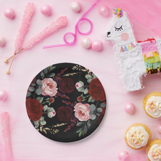 バーガンディーレッドフラワーズブラックモダン秋の結婚式 ペーパープレート (パーティー)