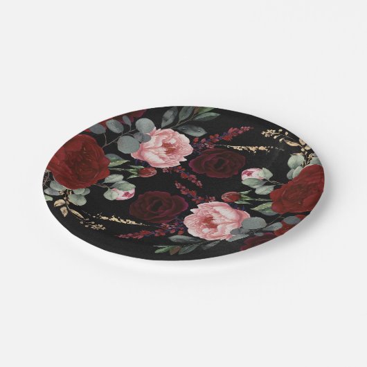 バーガンディーレッドフラワーズブラックモダン秋の結婚式 ペーパープレート (アングル)